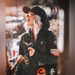 Onepiece‎ Unisex Aviator Black Zip Hoodie Jumpsuit w/ Patches, Size S